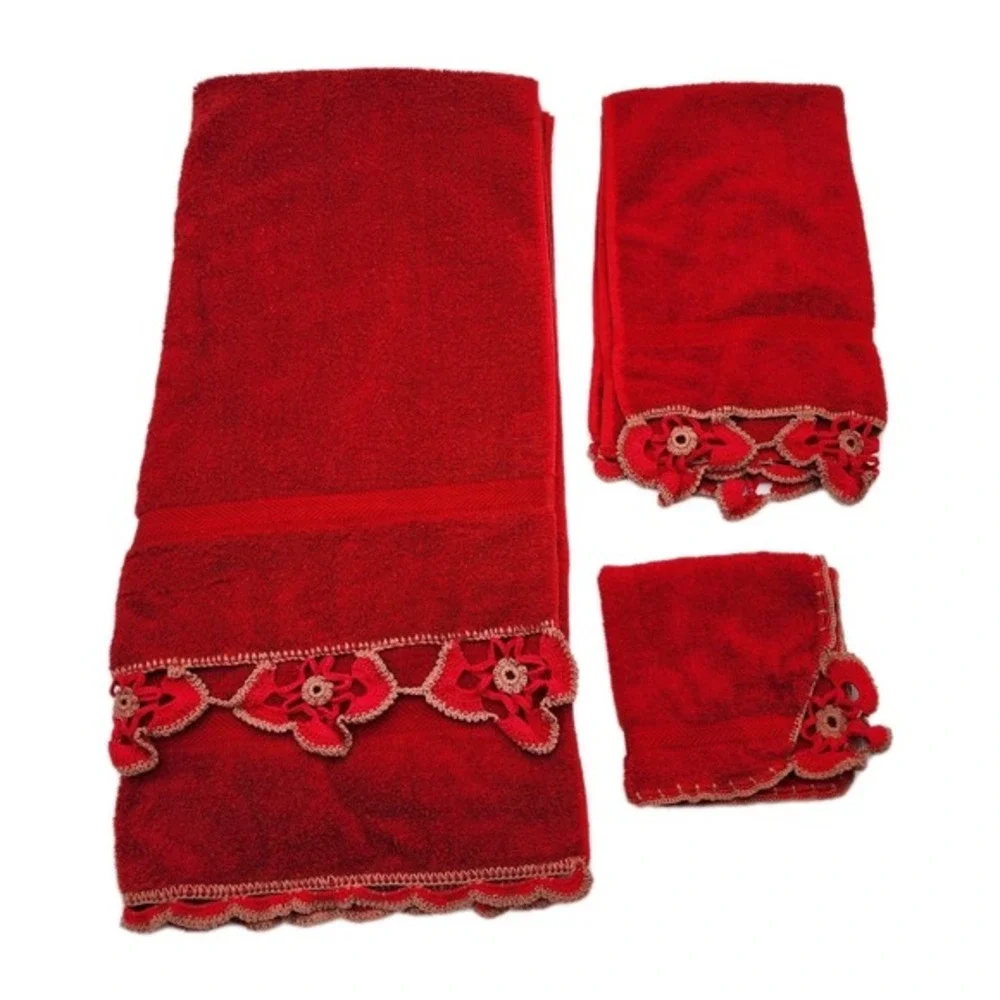 Vintage Sears Cotron Red Towel Set 3pc Floral Crochet Scalloped Edge Mid Century